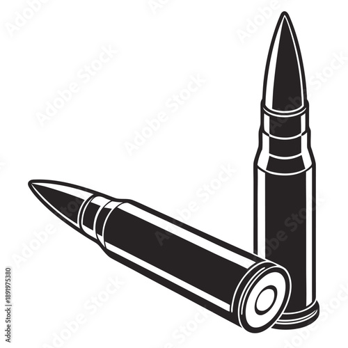 Two metallic bullets are positioned on a white background, one lying down and the other standing upright.
