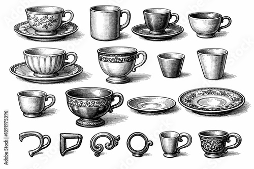 Vintage cup and saucer collection: detailed illustrations of various classic designs