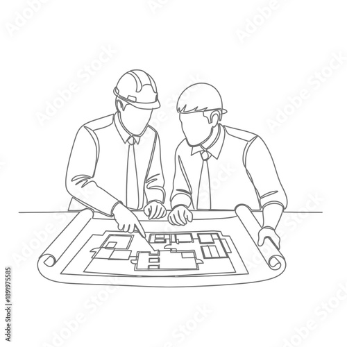 Continuous Line Drawing of Architects Reviewing Blueprint. Engineers in Hard Hats Discussing Construction Project Floor Plan.