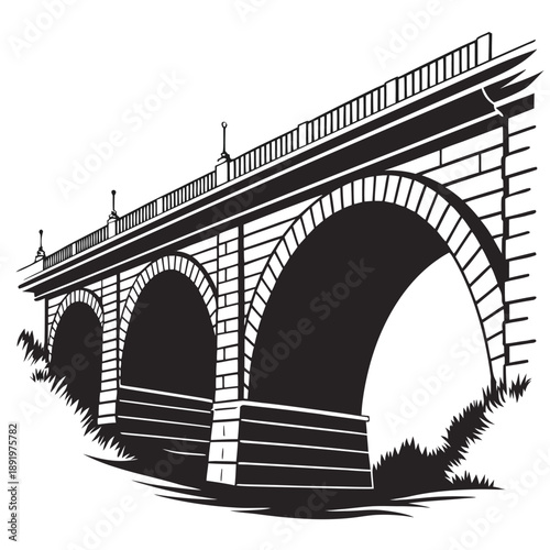 A stone arch bridge spans across a grassy embankment with water flowing beneath.