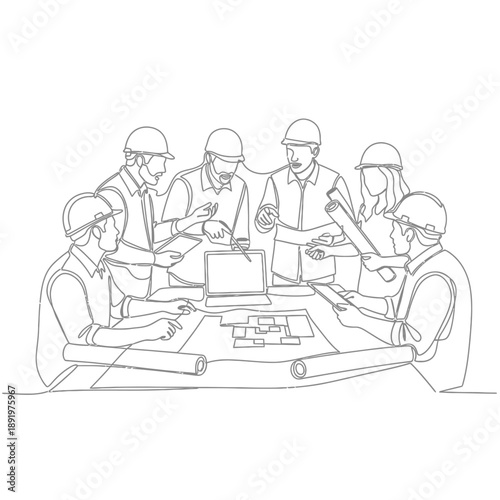 One Line Art Drawing: Construction Team Collaboration Meeting. Engineers and Architects in Hard Hats Reviewing Blueprints and Project Plans on Laptop.