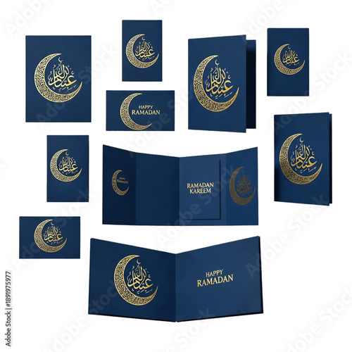Blue and gold Ramadan greeting cards with crescent moon