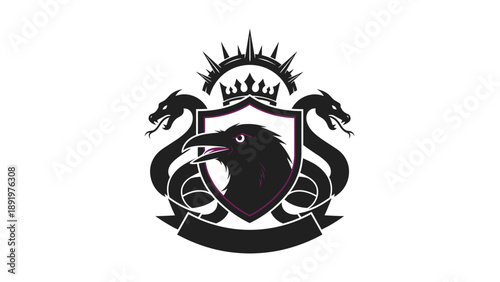Gothic Crow and Serpent Heraldry Emblem with Crown. Dark Fantasy Vector Design Element.