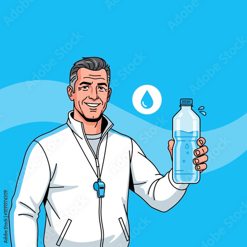 Coach holding water bottle, healthy lifestyle, hydration, fitness