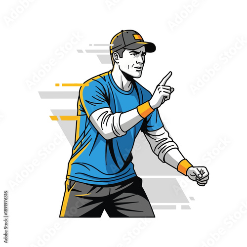 Coach instructing, pointing finger, determined expression, athletic wear