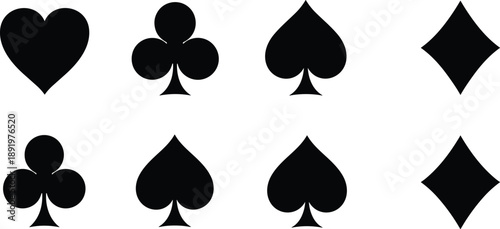 Set of black playing card suits symbols arranged in two rows on a white background