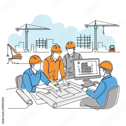 Construction Team Planning Meeting. Engineers and Architects Reviewing Blueprints and CAD Model on Monitor. Building Development Line Art.