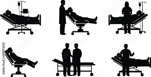 Doctor and nurse silhouettes with patients on hospital beds, medical treatment scene, healthcare illustration showing clinical care and patient assistance in hospital