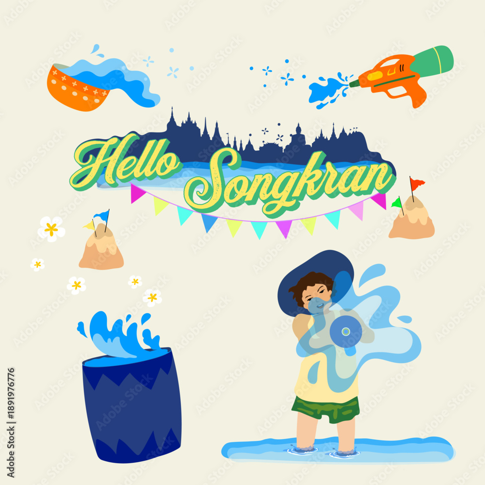 Naklejka premium Vector illustration of a Happy Songkran celebration festive elements collection for card design invitation