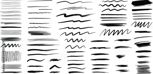 Collection of various black lines and strokes on a plain background from a frontal viewpoint showcasing different line styles