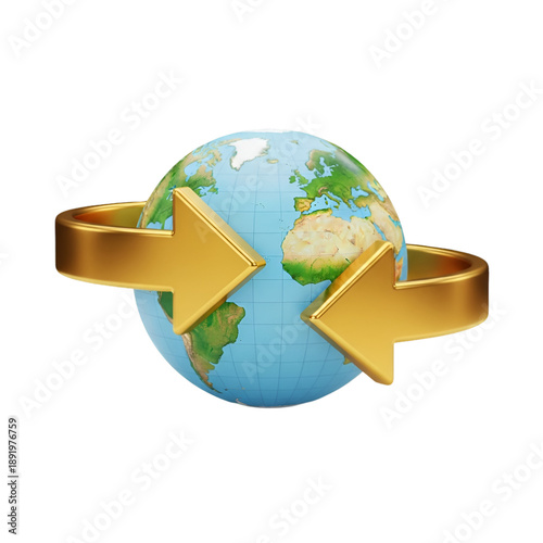 Golden arrows encircling a blue and green globe on black background Earth