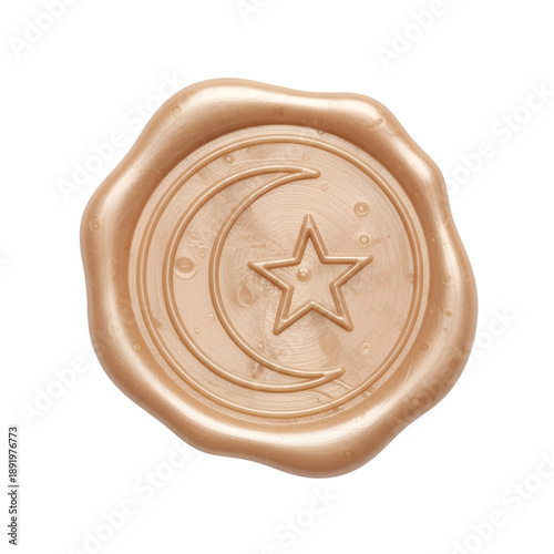 Gold wax seal with crescent moon and star symbol on black background