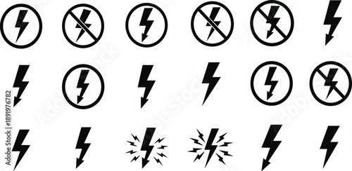 A collection of lightning bolt symbols and icons in various styles on a clean background