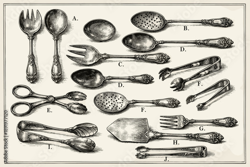 Vintage silver cutlery collection with ornate designs and various utensils