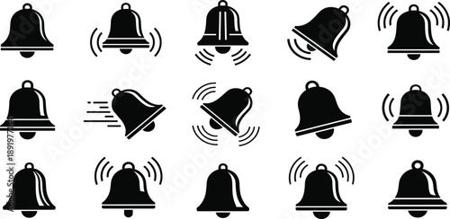 Collection of black bell icons in various ringing positions on a plain background, illustrations of alarm and notification symbols
