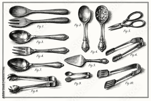 Vintage silverware collection illustration featuring spoons, forks, and tongs