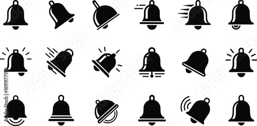 Collection of bell icons in various styles and states, notification symbols, black illustrations on a clean background, grid layout, close-up view