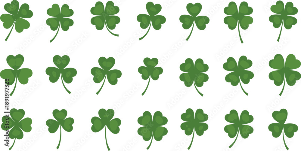 Fototapeta premium A diverse set of green clover leaves and lucky four-leaf shamrocks, ideal for St. Patrick's Day designs, good fortune motifs, spring decoration, and nature themes, symbolizing luck