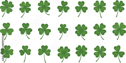 A diverse set of green clover leaves and lucky four-leaf shamrocks, ideal for St. Patrick's Day designs, good fortune motifs, spring decoration, and nature themes, symbolizing luck
