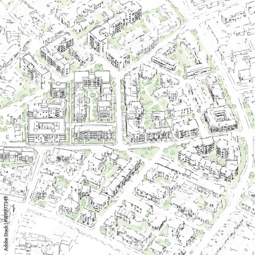 Isometric City Plan Blueprint Illustration. Architectural line drawing of urban residential development, roads, parks, and mixed housing layout.