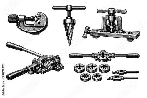 Collection of vintage metalworking tools: pipe cutter, cone reamer, tube bender, and threading dies