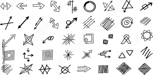 Collection of hand-drawn arrow icons and simple graphic symbols representing direction, movement, and abstract concepts for design and illustration purposes