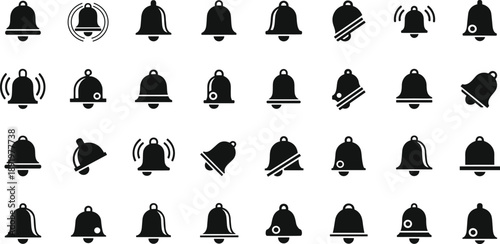 Collection of diverse bell icons for notifications and alerts, featuring various states like ringing, silent, and new messages, ideal for UI design and mobile application interfaces