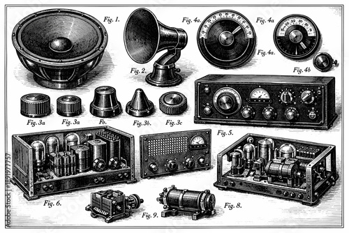Vintage radio and electronic components illustration with dials and tubes