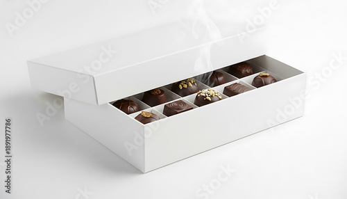 White luxury chocolate gift box with gourmet truffles and dark pralines on a minimalist white background.