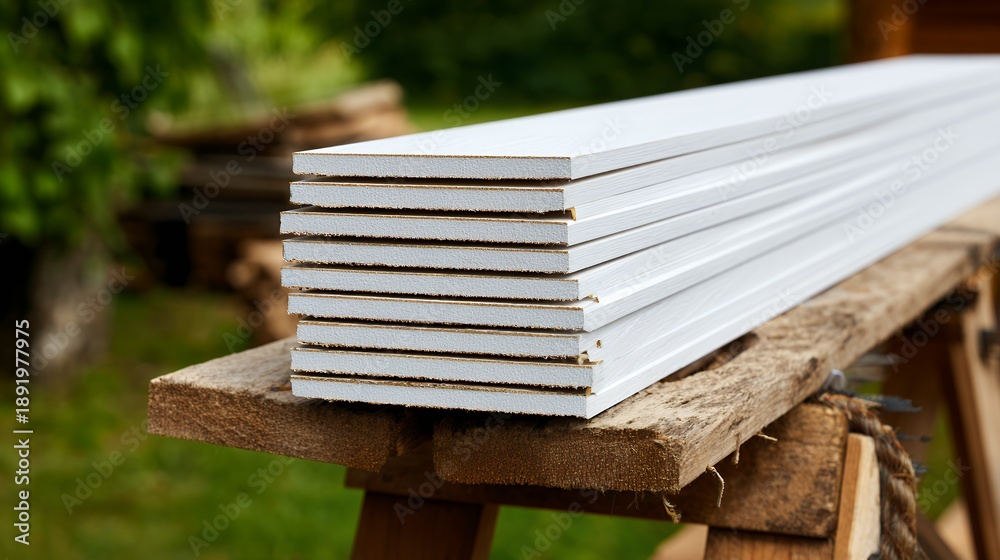 Fototapeta premium Stack of white PVC trim boards resting on a wooden sawhorse outdoors