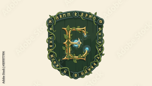 Mystical Letter E Shield Emblem with Vines, Runes, and Magical Glow - Fantasy Graphic Design Element