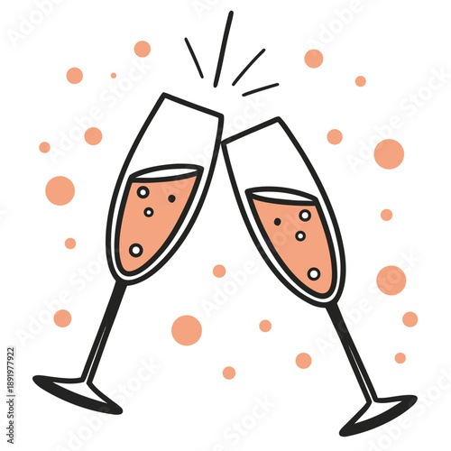 Two champagne glasses clinking together with bubbles and light lines for celebration.