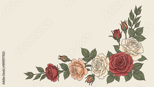 Vintage Rose Floral Corner Decoration. Hand-drawn botanical illustration with red, peach, and cream roses and leaves.