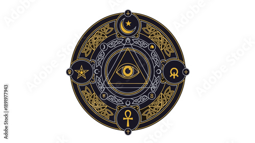 Sacred All-Seeing Eye Emblem with Diverse Spiritual Symbols and Intricate Celtic Art