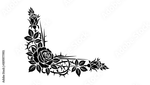 Elegant Black Rose and Thorn Floral Corner Design Element