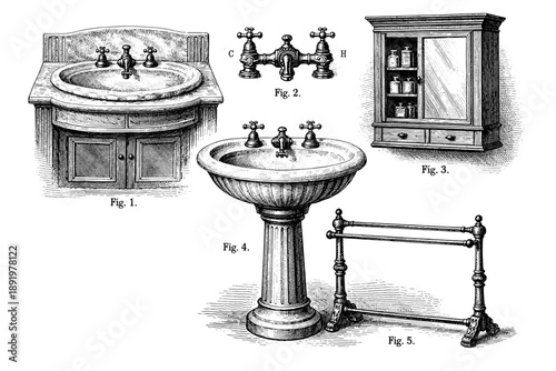 Vintage bathroom fixtures illustrations featuring sinks, faucets, and towel rack