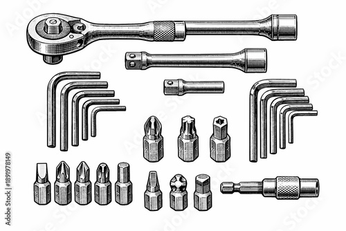 Collection of socket wrenches and hex keys with various heads