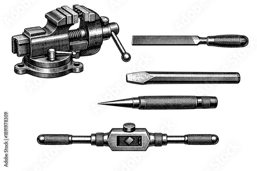 Vintage mechanical tools set with vise, chisel, file, taper pin, tap wrench