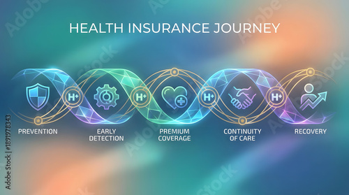 A colorful infographic depicting the stages of a health insurance journey: prevention, early detection, premium coverage, continuity of care, and recovery.
