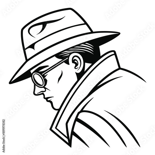 Illustration of a detective wearing a fedora and glasses, looking downwards.