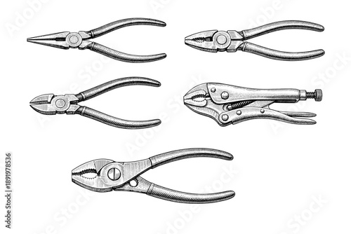 Various metal hand pliers and tools on white background