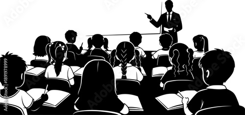 Silhouette teacher teaching diverse students in classroom lesson illustration. Elementary school kids learning at desks with books. Education concept for back to school season. Studying, learning