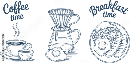 Hand-Drawn Coffee and Breakfast Coffee Time and Breakfast Time