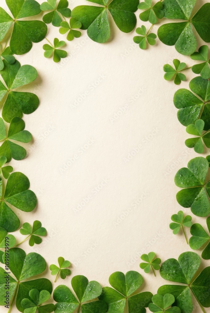 Fototapeta premium Vibrant Green Clover Leaves Frame a Blank Cream Background.