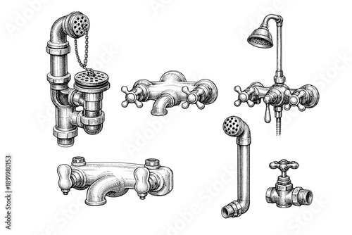 Vintage plumbing fixtures and valve designs in black and white engraving style