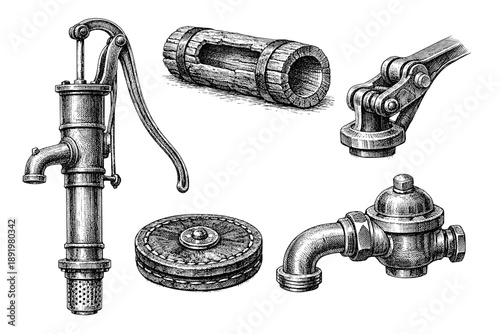 Antique water pump components and mechanical parts in monochrome
