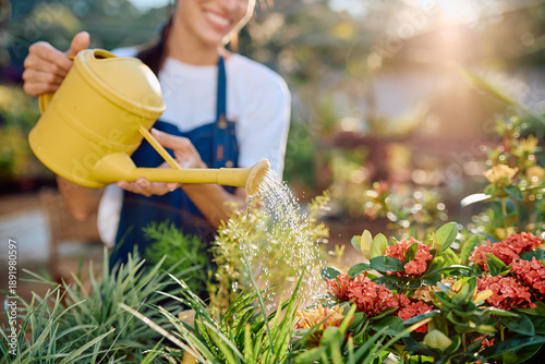 Bild auf Leinwand Woman wearing an apron holding a yellow watering can, irrigating plants and flow