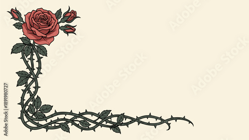 Elegant Red Rose and Thorny Vine Corner Decoration on Neutral Background