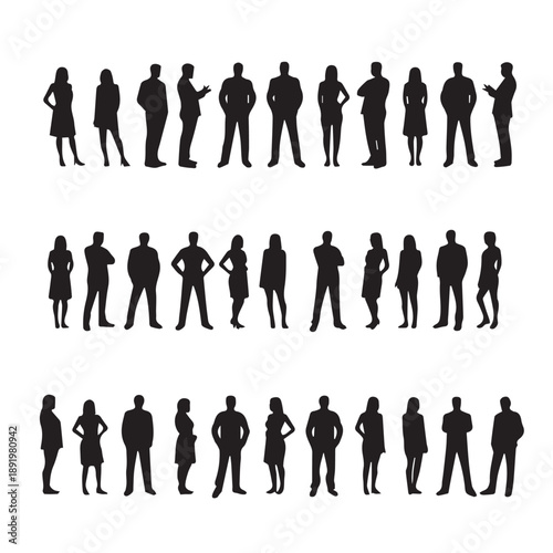 Business people , silhouettes, group of standing business men and businesswomen	
