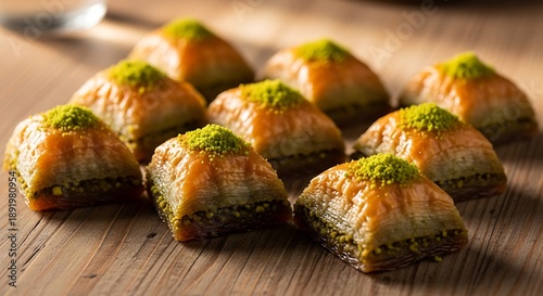 Rows of sweet baklava pastries topped with green pistachios on wood pastry dessert